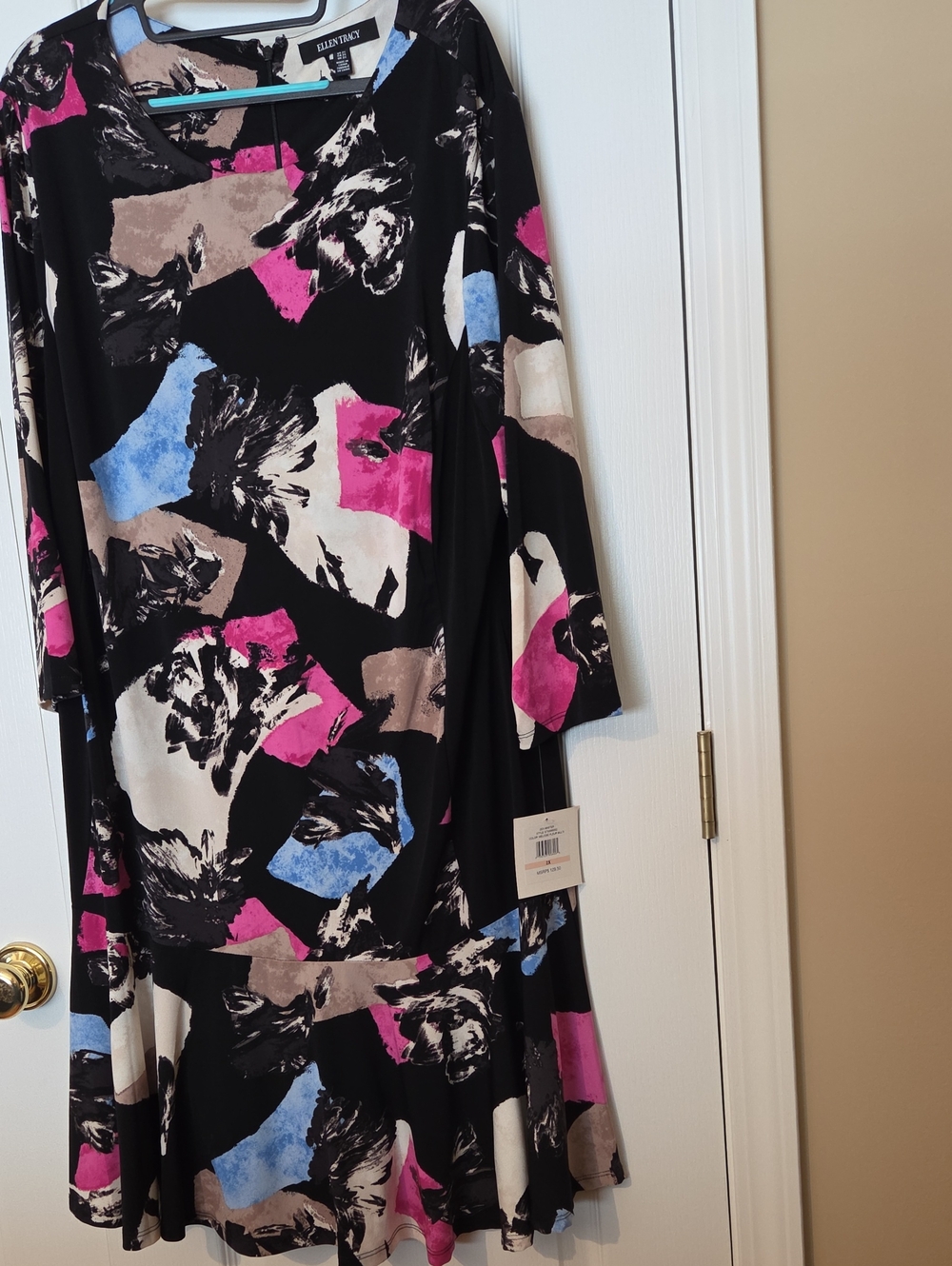 Ellen Tracy Black Abstract Print Flare Dress - Pink & Blue Accents